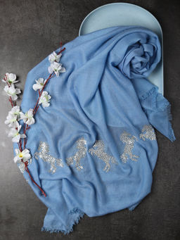 Modarta By Kamakshi - Blue Shawl Swarovski Pashmina Stole With Swarovski Crystal Horse Border