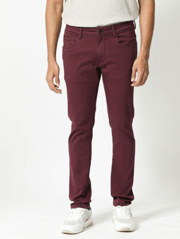 Rare Rabbit - Essen Dark Maroon Solid Jeans