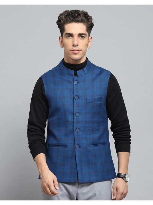 Monte Carlo Men Blue Checks Sleeveless Regular Nehru Jacket