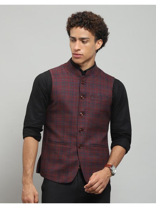 Monte Carlo Men Maroon Checks Sleeveless Regular Nehru Jacket