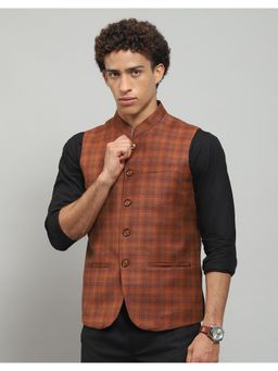 Monte Carlo - Men Rust Checks Sleeveless Regular Nehru Jacket