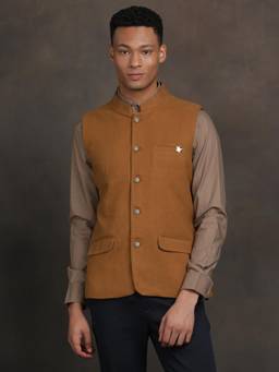 Turtle - Men Brown Solid Sleeveless Slim Nehru Jacket
