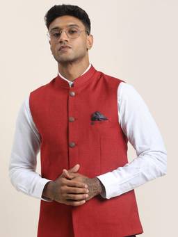 Turtle - Men Red Self Design Sleeveless Slim Nehru Jacket