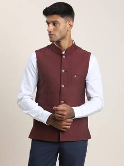 Turtle - Men Maroon Self Design Sleeveless Slim Nehru Jacket