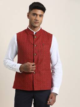 Turtle - Men Red Self Design Sleeveless Slim Nehru Jacket