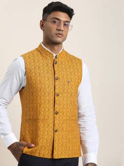 Turtle - Men Yellow Self Design Sleeveless Slim Nehru Jacket