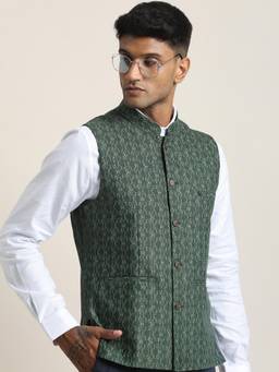 Turtle - Men Green Self Design Sleeveless Slim Nehru Jacket