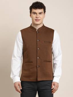 Turtle - Men Brown Solid Sleeveless Slim Nehru Jacket