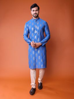 TABARD - Men Cotton Embroidery Full Sleeves Blue Kurta with Pant