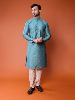 TABARD - Men Cotton Embroidery Full Sleeves Blue Kurta with Pant