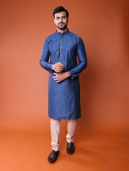 TABARD - Cotton Embroidery Full Sleeves Navy Blue Kurta with Pant