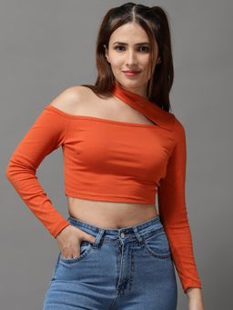 SHOWOFF - Womens Asymmetric Neck Orange Fitted Crop Top