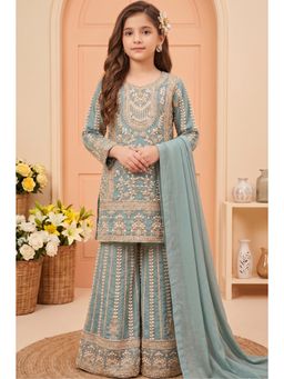 Lagorii - Powder Blue Heavy Embroidery Kurti With Palazzo & Dupatta