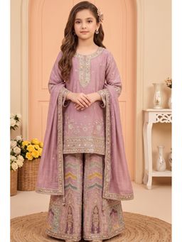 Lagorii - Mauve Zari Embroidered Designer Wear Kurti With Palazzo & Dupatta