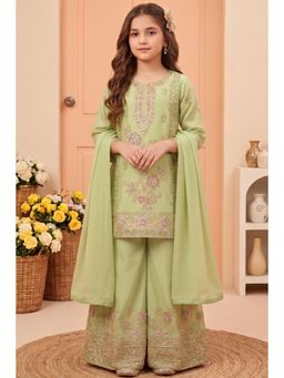 Lagorii - Pista Floral Zari Work Designer Kurti With Palazzo & Dupatta