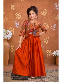 Lagorii - Orange Printed Crop Top With Palazzo & Jacket