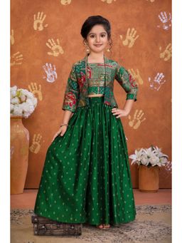 Lagorii - Emerald Green Printed Crop Top With Palazzo & Jacket