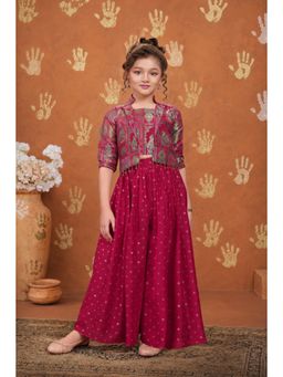 Lagorii - Rani Pink Printed Crop Top With Palazzo & Jacket