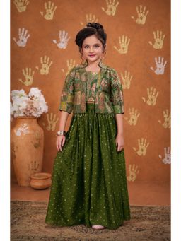 Lagorii - Olive Green Crop Top With Palazzo & Jacket