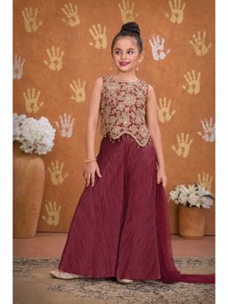 Lagorii - Girls Wine Embroidered Top With Palazzo & Dupatta