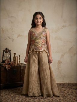 Lagorii - Gold Embroidered Top With Palazzo & Dupatta