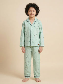 FUNKRAFTS - Sea Green Pure Cotton Printed Full Sleeves Collar Night Suit