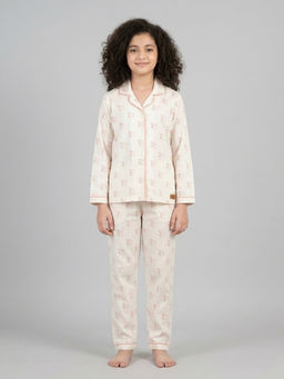 FUNKRAFTS - Off White Pure Cotton Printed Full Sleeves Collar Night Suit