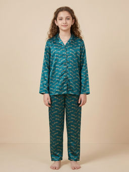 FUNKRAFTS - Blue Satin Printed Full Sleeves Collar Night Suit