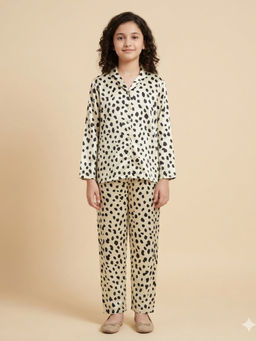 FUNKRAFTS - Off White Satin Printed Full Sleeves Collar Night Suit