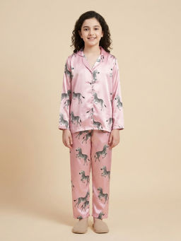 FUNKRAFTS - Pink Satin Printed Full Sleeves Collar Night Suit