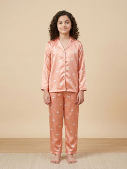 FUNKRAFTS - Peach Satin Printed Full Sleeves Collar Night Suit
