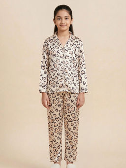 FUNKRAFTS - Pink Satin Heart Printed Full Sleeves Collar Night Suit