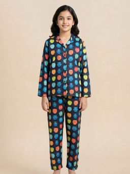 FUNKRAFTS - Blue Satin Owl Printed Full Sleeves Collar Night Suit