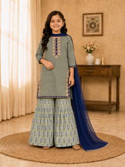 BITIYA BY BHAMA - Girls Pista Green Kurta With Sharara & Dupatta