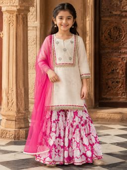 BITIYA BY BHAMA - Girls Off White Kurta With Sharara & Dupatta