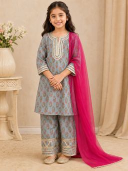 BITIYA BY BHAMA - Girls Gray Floral Printed Kurta With Palazzo & Dupatta
