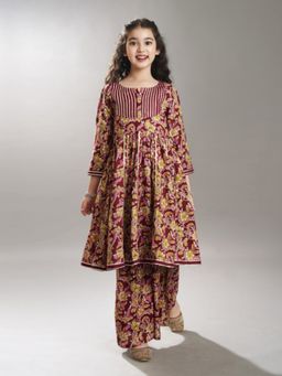 BITIYA BY BHAMA - Girls Maroon And Green Floral Printed Kurta With Sharara