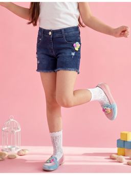 TINY GIRL - Mid Rise Floral Applique Denim Shorts