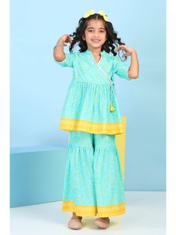 Biba - Girls Mint Green Cotton Printed Gathered Angarkha Kurta With Sharara