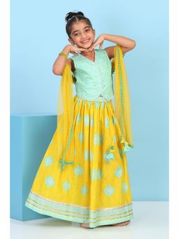 Biba - Girls Turquoise Cotton Printed Straight Lehenga With Choli & Dupatta