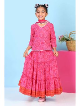 Biba - Girls Pink Cotton Printed Straight Lehenga With Choli & Dupatta
