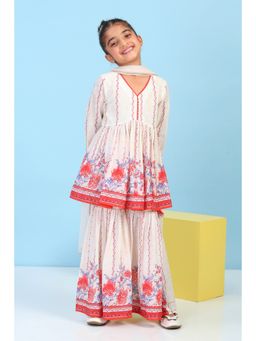 Biba - Girls Off White Cotton Printed Gathered Kurta With Sharara & Dupatta