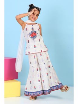 Biba - Girls Off White Cotton Printed Straight Kurta With Sharara & Dupatta