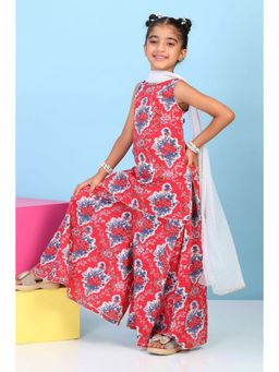 Biba - Girls Red Cotton Printed Straight Kurti With Palazzo & Dupatta