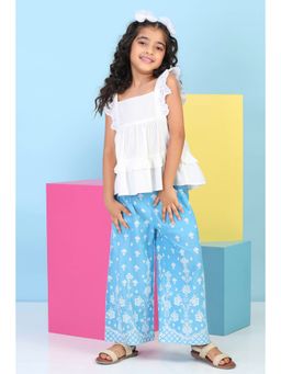 Biba - Girls White Cotton Printed A-Line Top With Palazzo