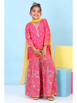 Biba - Girls Pink Cotton Printed Straight Kurta With Sharara & Dupatta