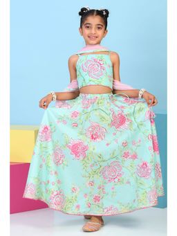 Biba - Girls Aqua Cotton Printed Straight Lehenga With Choli & Dupatta