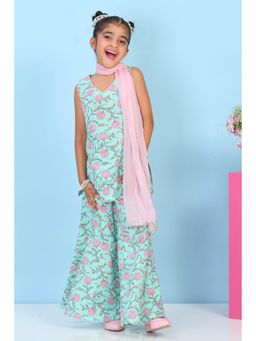 Biba - Girls Mint Green Cotton Printed Straight Kurta With Sharara & Dupatta