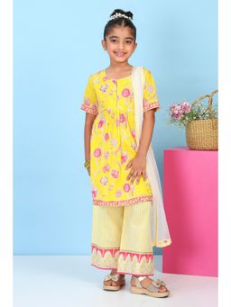 Biba - Girls Yellow Cotton Printed Straight Kurta With Palazzo & Dupatta