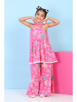 Biba - Girls Pink Cotton Printed Gathered Kurta With Sharara & Dupatta